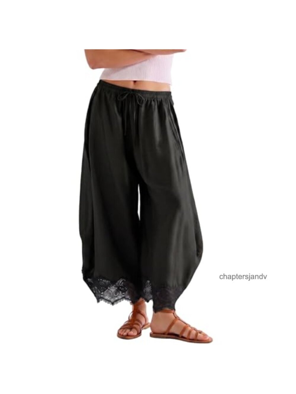 Women's Cropped Wide Leg Lace Hem Palazzo Lounge Pants with Pockets